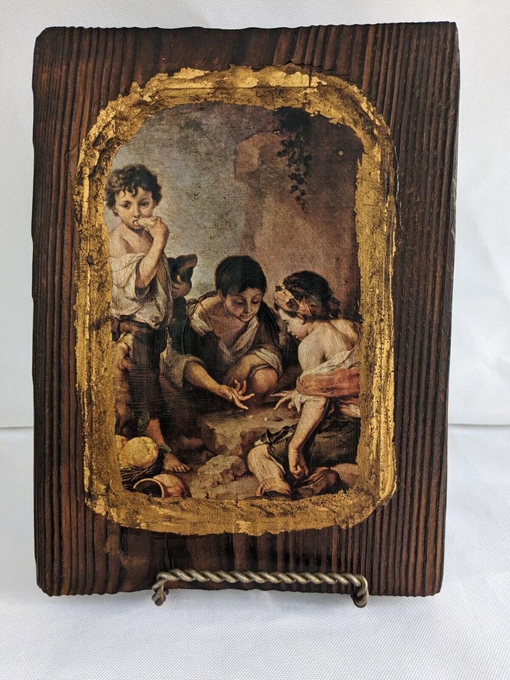 VTG Murillo Print on Wood Plank w/ Textured Brush Strokes ca 1900 Rustic Art